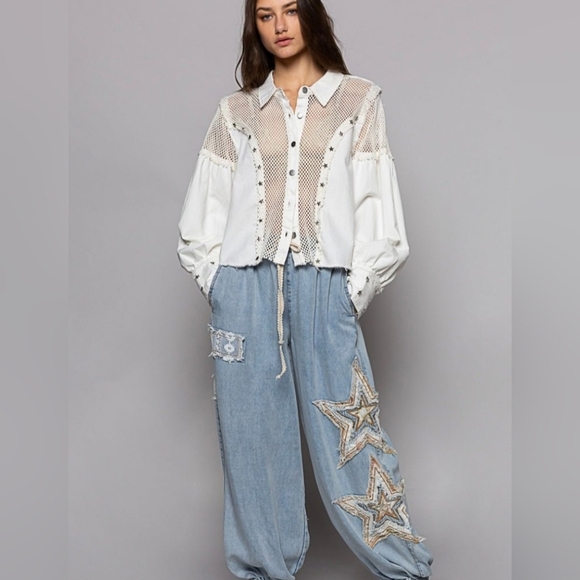 POL White Mesh Star-Embellished Women's Top. NWOT - Picture 5 of 7